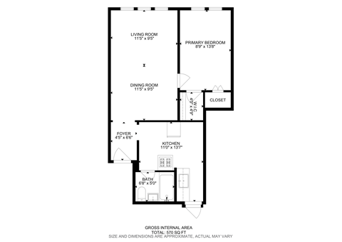 Floor plan for 1 bed, 1 bath, 650 sqft